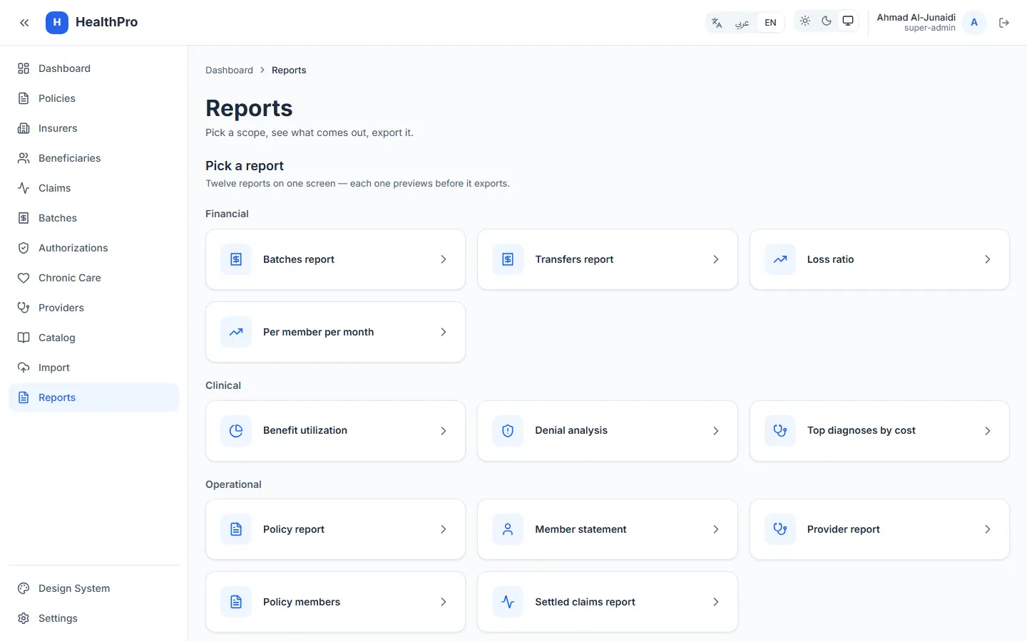 Twelve reports, permissioned per report